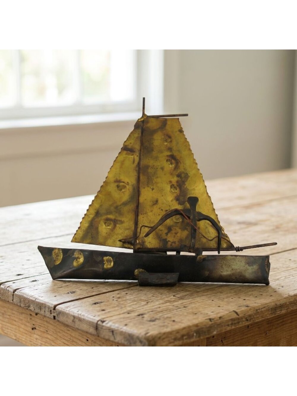 Nautical Metal Sailboat Sculpture Handcrafted Vintage 8"
